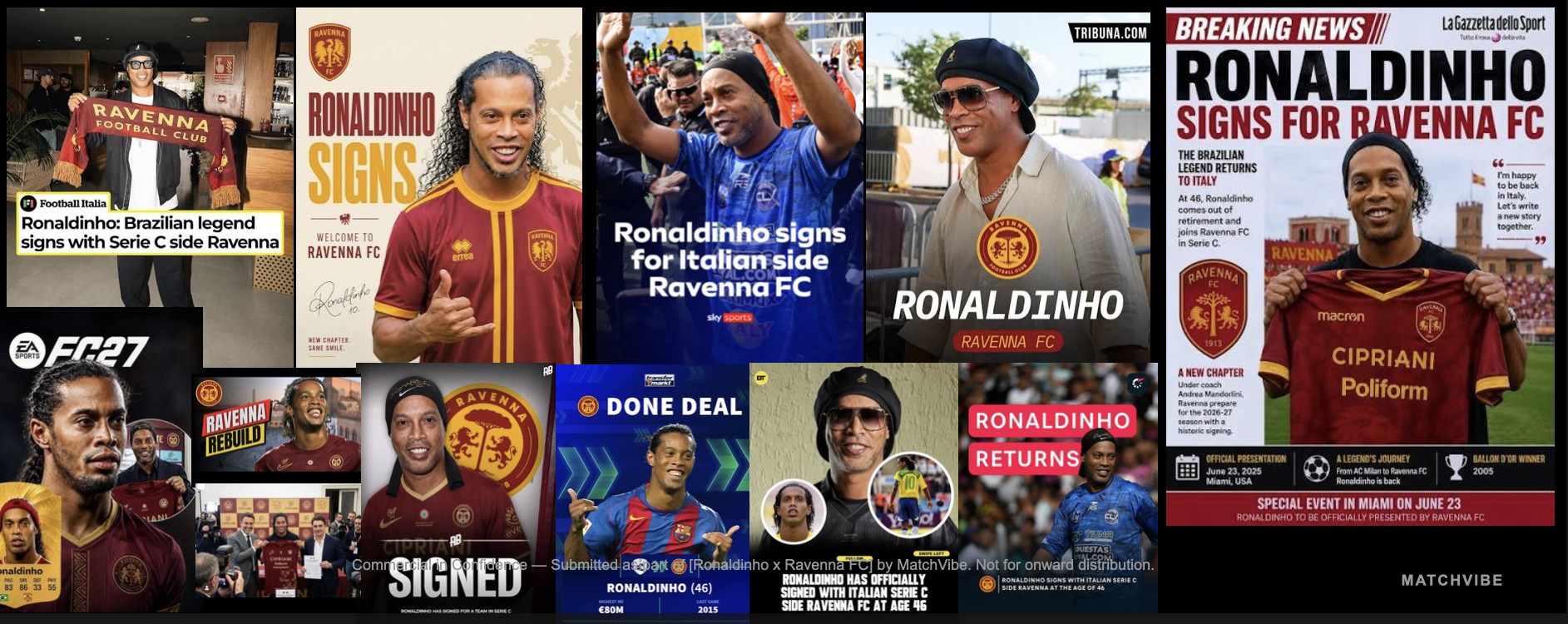 Collage of global press and social media coverage announcing Ronaldinho's signing for Ravenna FC, including Sky Sports, La Gazzetta dello Sport, Football Italia, Transfermarkt and EA Sports FC